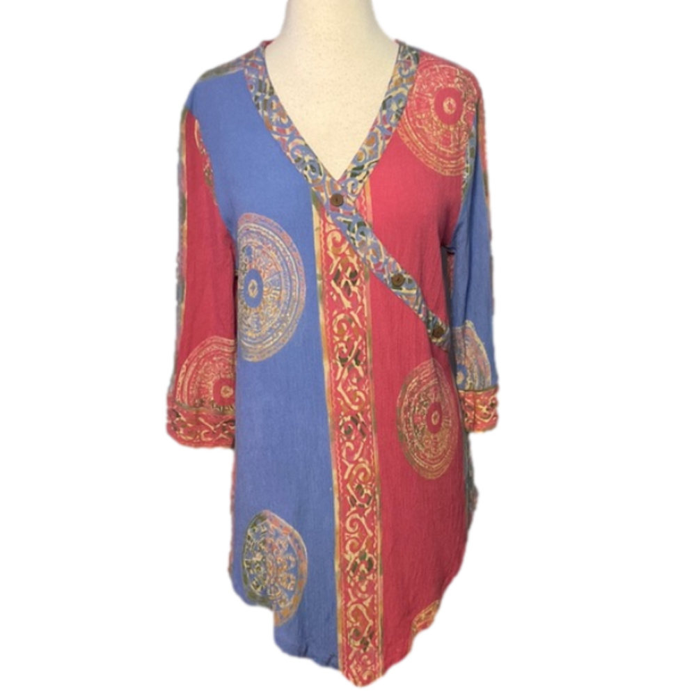 Shaybali 3/4 Sleeve Top Pull On Style V Neck Pink Blue Purple Medallion Print L